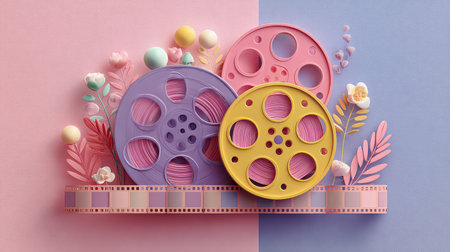 Vibrant composition featuring colorful film reels with floral decorations, set against a soft pastel background, perfect for creative projects and cinema themes.の素材