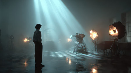 A captivating scene featuring a silhouette of a person illuminated by dramatic spotlights in an artistic studio. The atmosphere evokes creativity and inspiration.の素材