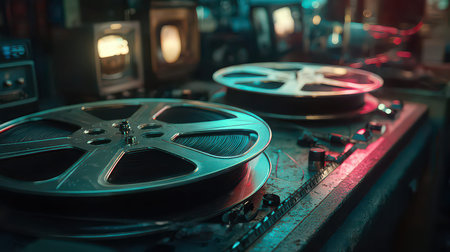 Close-up view of vintage reel-to-reel tape recorder in a retro studio. The nostalgic setting showcases the beauty of analog music production and audio technology.の素材