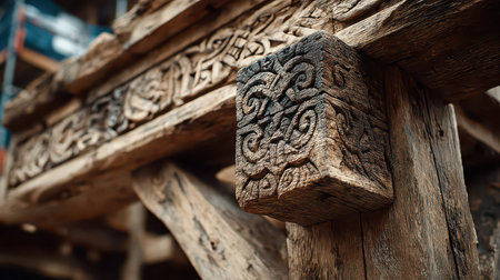 Close-up view of an elaborately carved wooden architectural detail, showcasing exquisite craftsmanship and intricate patterns, embodying rustic charm and history.の素材