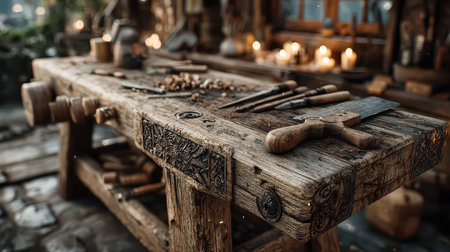 Explore a rustic workshop table adorned with various tools, creating a warm and inviting atmosphere perfect for crafting. This image captures the essence of traditional craftsmanship.の素材