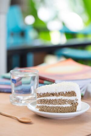 Piece of delicious coffee and cream cakeの写真素材