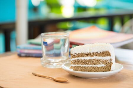 Piece of delicious coffee and cream cakeの写真素材