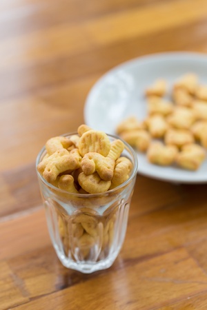 alphabet abc snack on wooden tableの写真素材