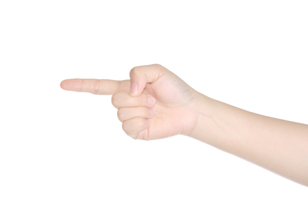 Closeup of female hand pointing. Isolated on white backgroundの写真素材