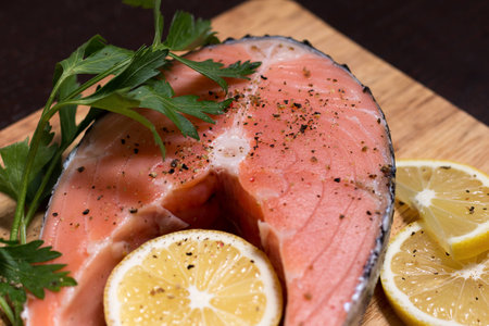 Raw salmon steakの写真素材
