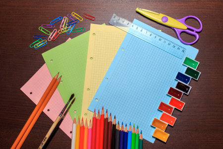 School supplies on a dark background. Back to school conceptの写真素材