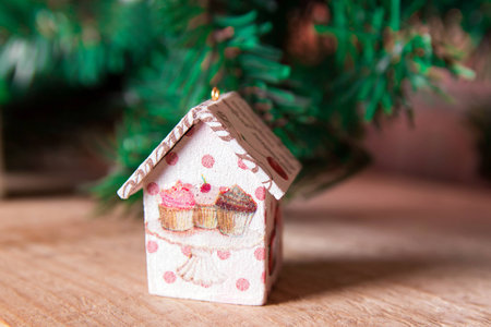 Fir tree decoration: handmade Christmas and New Year houses with ornamentsの写真素材