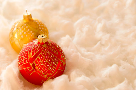 New Year and Christmas composition: fir tree balls in the waddingの写真素材