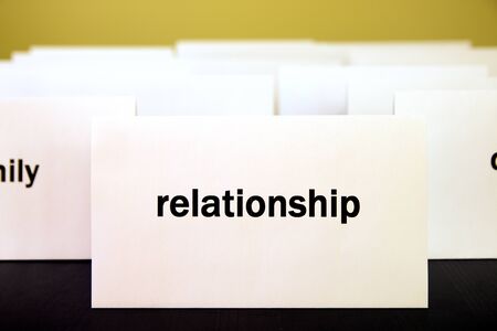 Word Relationship on a white paper card surrounded by other words. Priorities and values conceptの写真素材