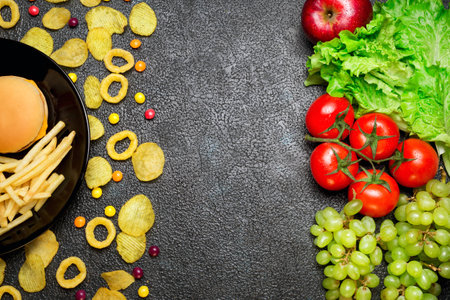 Healthy nutrition concept. Fruits and vegetables vs unhealthy fast food and sweetsの写真素材