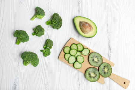 Ingredients for green smoothie: kiwi, avocado, cucumber, broccoliの写真素材