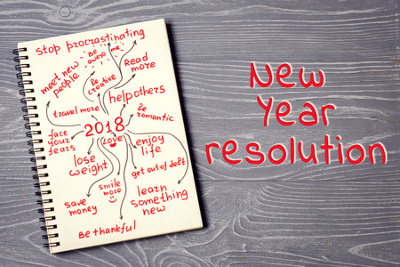 Scheme of New Year resolution on notepad with inscription "New Year Resolution" on gray backgroundの写真素材