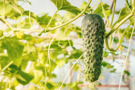Cucumber growing in a hothouseの写真素材