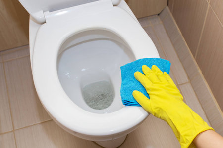 A hand in a yellow glove washing a toilet bowl with a blue ragの写真素材