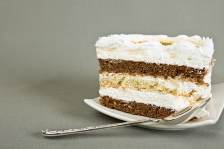 pieces of cake, tea-spoon on grey fabricの写真素材