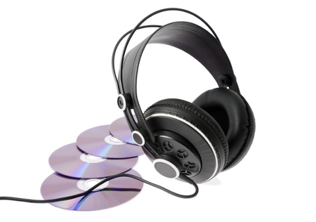  disks lie round black headsetsの写真素材