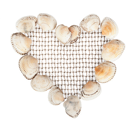shells in the form of heart isolated fishing netsの写真素材