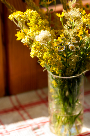 bouquet of yellow wild flowers on the window in a transparent vaseの写真素材