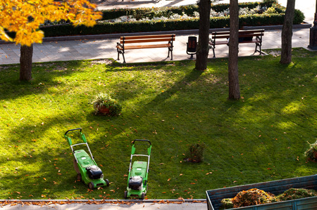 two lawn mowers in a park in autumn, top viewの写真素材