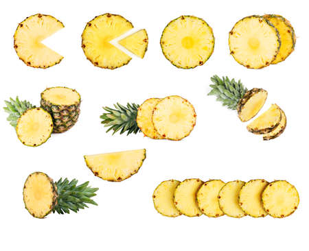 set of pineapples round and in wedges, cut into pieces isolated on white backgroundの写真素材