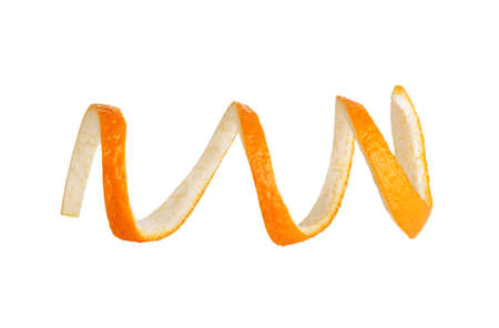orange peel in a spiral shape isolated on white background
