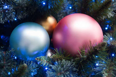 Close up of Christmas tree decorating with three boll toyの写真素材