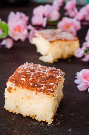 Basbousa - semolina cake with coffee cup on spring backgroundの写真素材