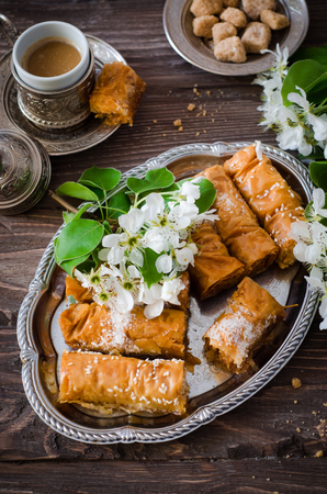 Homemade baklava with nuts and honey syrupの写真素材