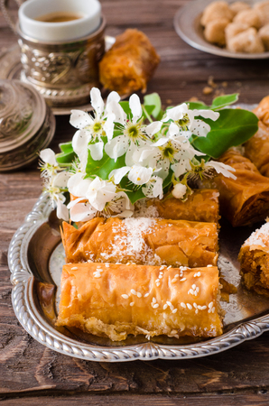 Homemade baklava with nuts and honey syrupの写真素材