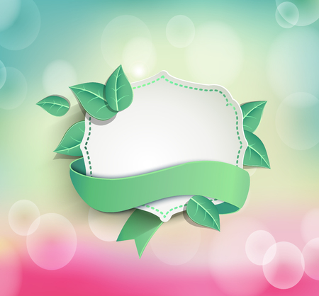 vector illustration of Frame for text in a vintage style with a ribbon on the light spring bokeh background with leavesのイラスト素材