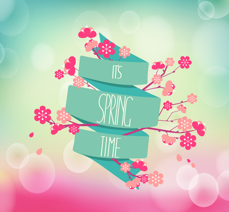 vector illustration of spring season, cherry blossoms on a background of vintage ribbon with the inscription Spring is comingのイラスト素材