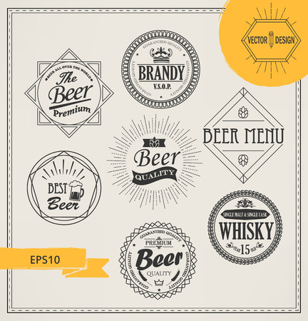 Vector alcohol and emblems in outline style. Set of Retro Vintage Insignias, Labels, Badges, Frames and Other Design Elements.のイラスト素材
