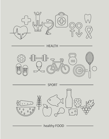 Modern thin line icons set of healthy lifestyle concept. Simple mono linear pictogram pack of health, food and sport.のイラスト素材