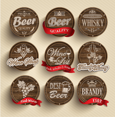 Set of wooden casks with alcohol drinks emblems - vector illustration.のイラスト素材