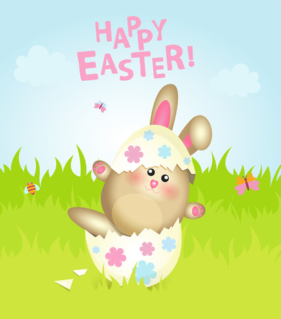 Easter bunny and egg in field. Wide space for text.のイラスト素材