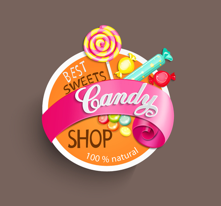 Paper candy shop label with ribbon, vector illustration.のイラスト素材