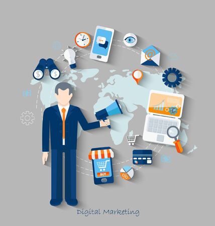 Flat design modern vector illustration icons in stylish colors of business working elements for digital marketing. Vector.のイラスト素材
