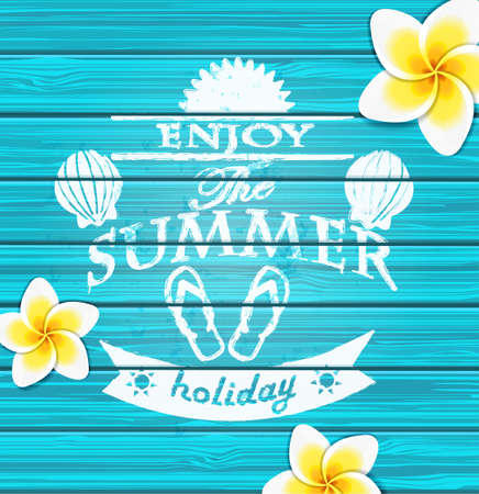 Enjoy the summer - blue wooden background with text - vector illustration.のイラスト素材