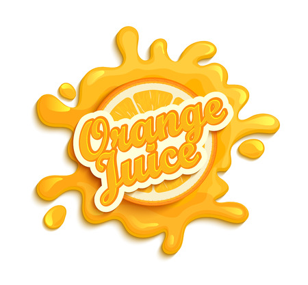 Orange juece label splash. Blot and lettering with ribbon on white background. Splash and blot design, shape creative vector illustration.のイラスト素材