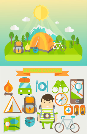 Summer Holiday and Travel themed Summer Camp poster in flat style. Hiking, mountain and travel icons, vector illustration.のイラスト素材