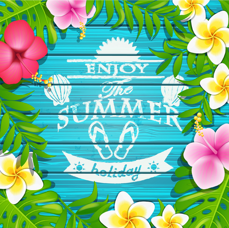 Enjoy the summer holiday - blue wooden background with tropical flowers and text, vector illustration.のイラスト素材