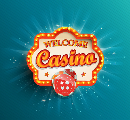 Shining retro light frame , vector illustration on a casino theme with lighting display and welcome text on blue background.のイラスト素材