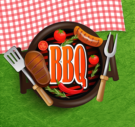 BBQ Grill elements - Typographical Design Label or Sticer on the background of green grass and rustic tablecloths in red and white squares. Design Template. Vector illustration.のイラスト素材