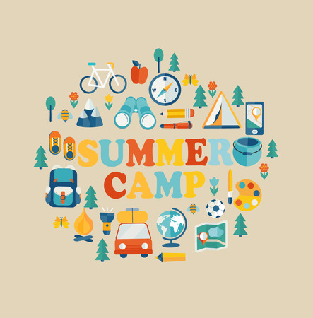 Summer Holiday and Travel themed Summer Camp poster in flat style, vector illustration.のイラスト素材