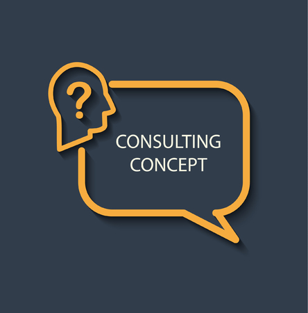 Icon for a consulting concept. Logo business consulting - a bulb with the man's profile with a question mark on a dark gray background. flat design.のイラスト素材