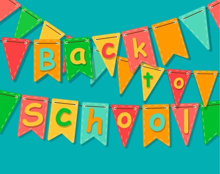 Back to school banner. Party colorful flags with text. Vector illustration.のイラスト素材