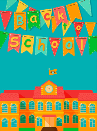 Back to school - vector flat illustrstion with flag and building.のイラスト素材