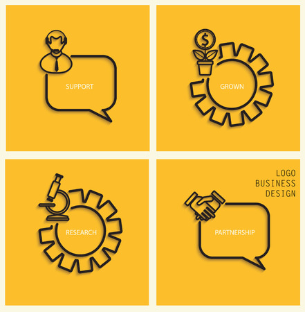 Vector support, business grown, research, partnership in flat style - signs and banner. Gray stylish linear icons with shadow on dark yellow background, vector.のイラスト素材