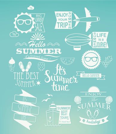 Summer holidays design elements and typography set. Retro and vintage templates. Labels, Badges, Posters.のイラスト素材